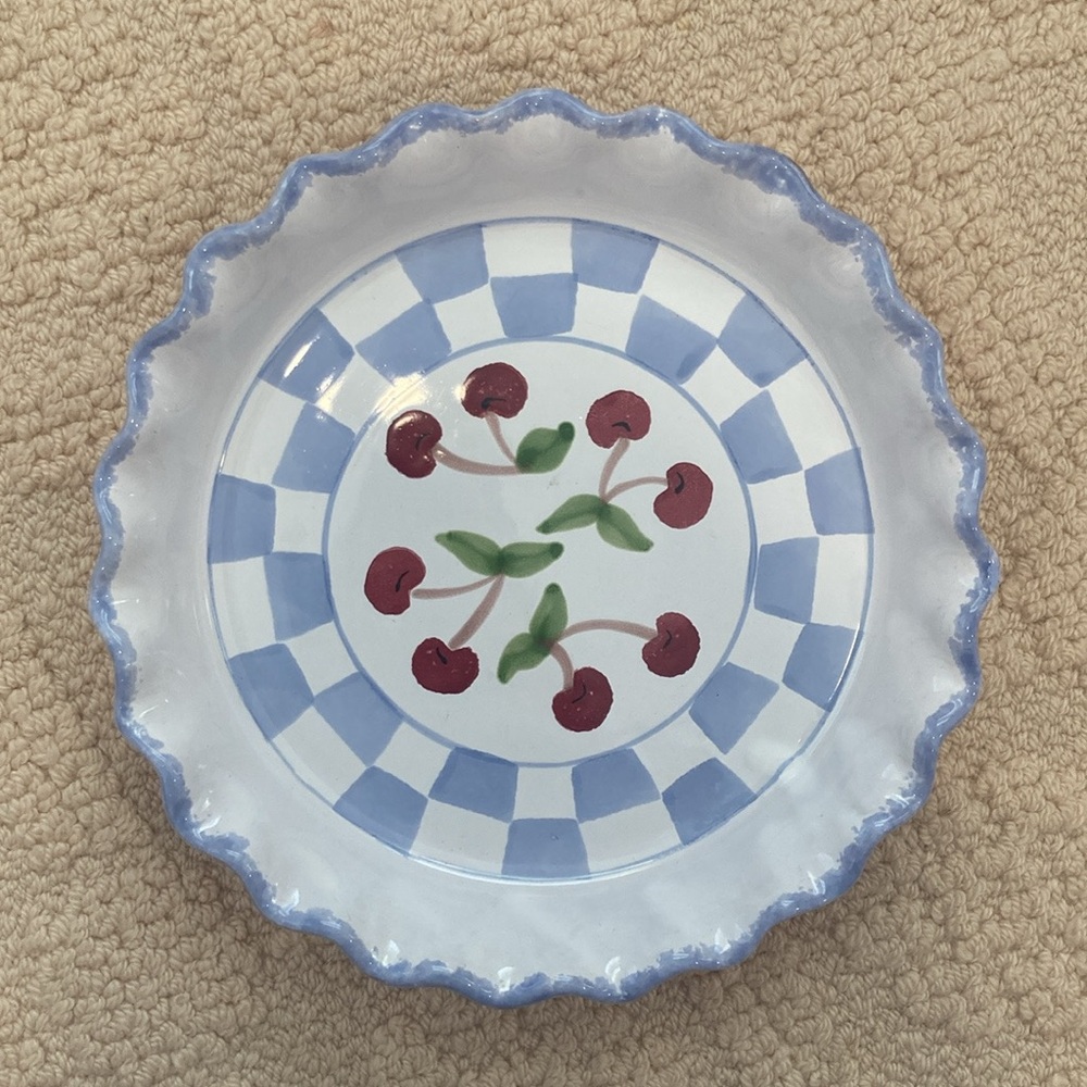 Blue and White Checkered Pie Dish with Cherry Design